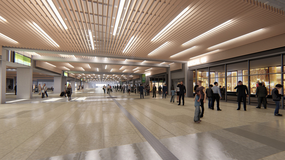 Proyecto Madrid - Chamartín Clara Campoamor. Inforgrafía del vestíbulo y pasillo común.