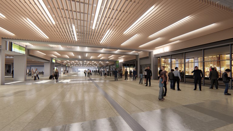18 de noviembre de 2022. Remodelación de la estación de Madrid - Chamartín Clara Campoamor. Infografía del vestíbulo y pasillo común.