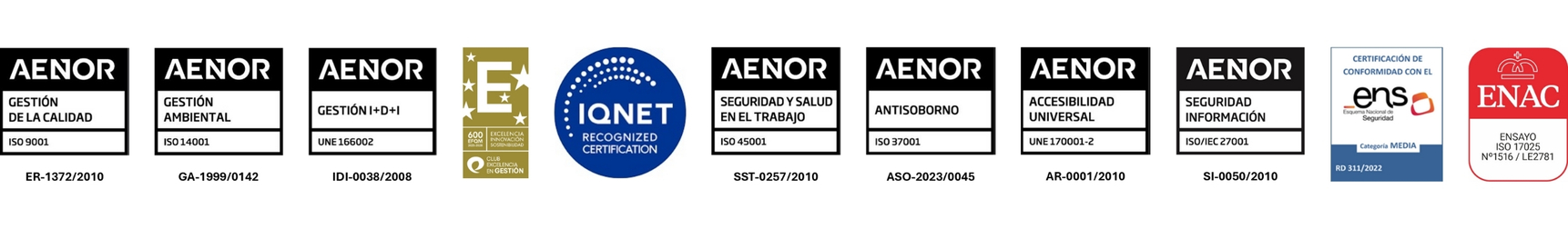 Certificados de cumplimiento de los requisitos de normativas nacionales e internacionales EFQM, ISO y UNE.