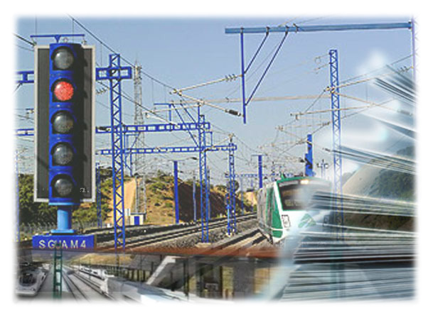 Composición de imágenes con infraestructura, señalizacion, electrificación y un tren auscultador de Adif