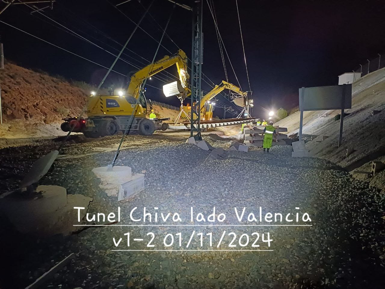 01.11.2024 Alta velocidad: Trabajos en alta velocidad. Avanzamos a buen ritmo trabajando a 3 turnos. Estamos levantando la vía deteriorada, limpiando arquetas, retirando balastro y preparando la plataforma de ambas vías.