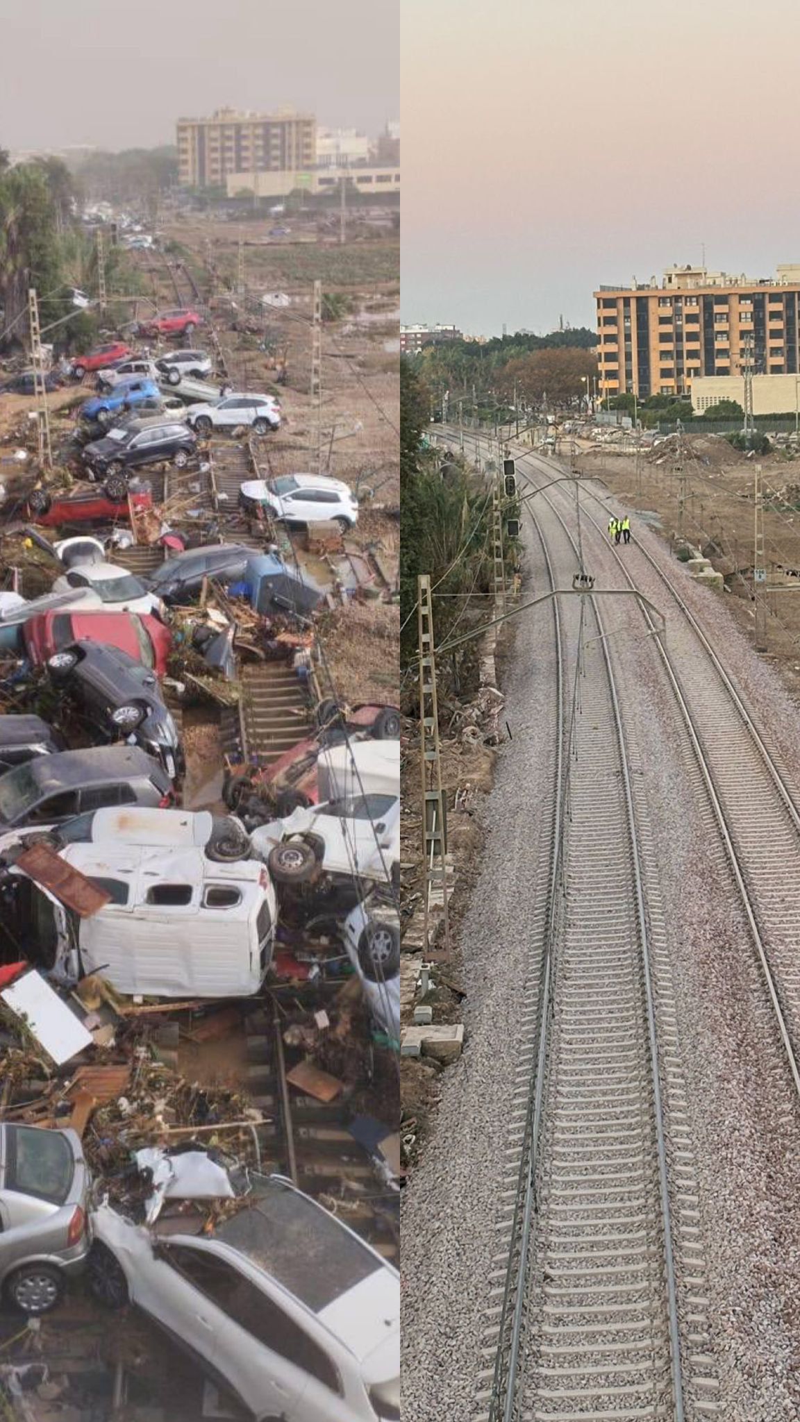 29.11.2024 Red convencional: A la izquierda, como quedó la línea de Cercanías en Alfafar (Valencia) tras la DANA.  A la derecha, en menos de un mes, imagen de las vías ya totalmente terminadas.  👉 Solo en la zona entre Silla y Valencia hemos reconstruido más de 12 km en doble vía para las líneas C1 y C2.