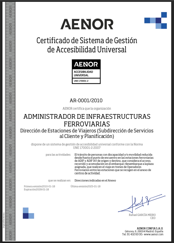 Imagen del certificado Aenor que da fe del ajuste a su normativa de la actividad de Adif Acerca.