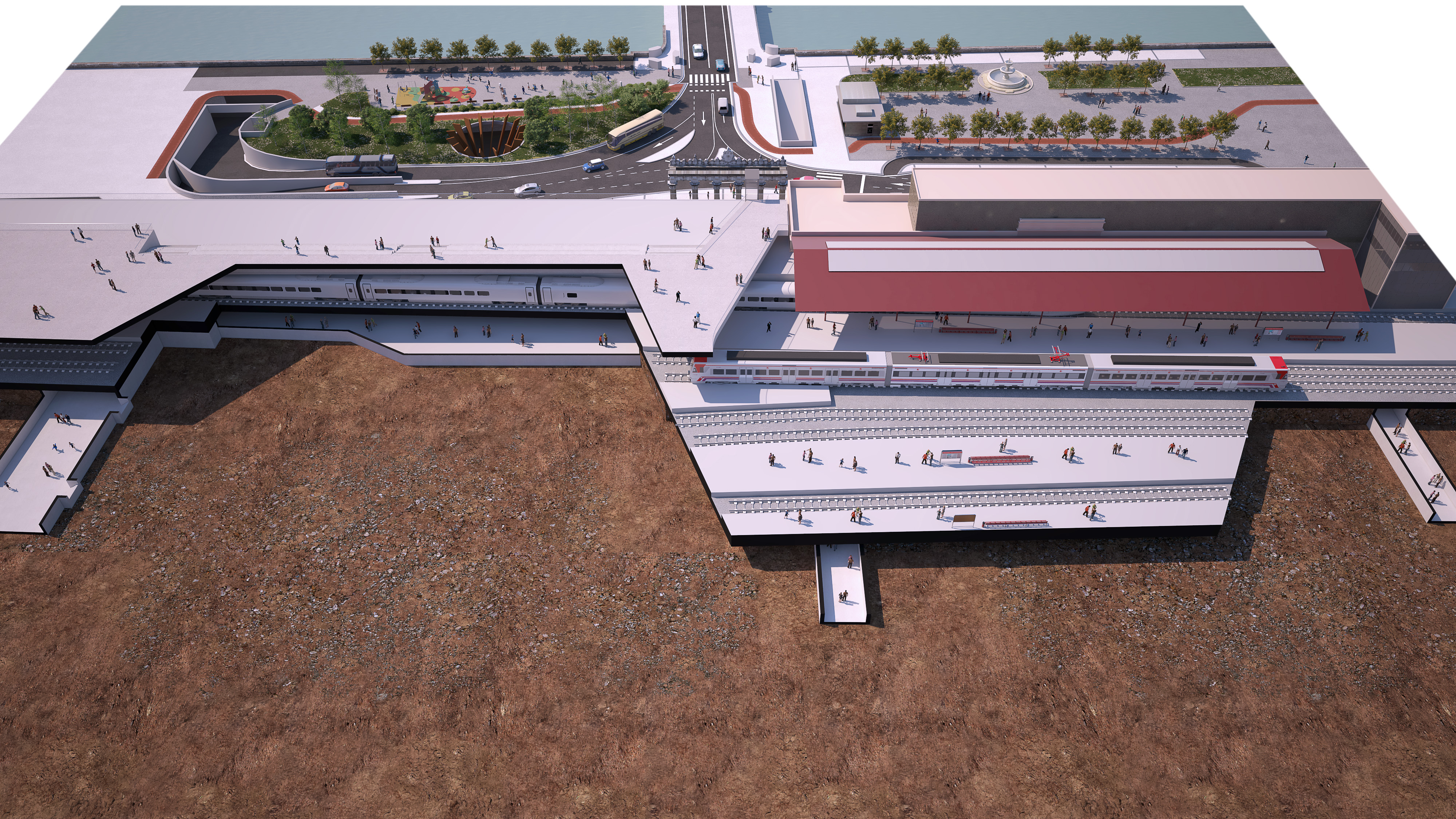 Sección longitudinal de la futura Estación Norte, que muestra la distribución de los espacios ferroviarios y de viajeros, así como su integración con el entorno urbano