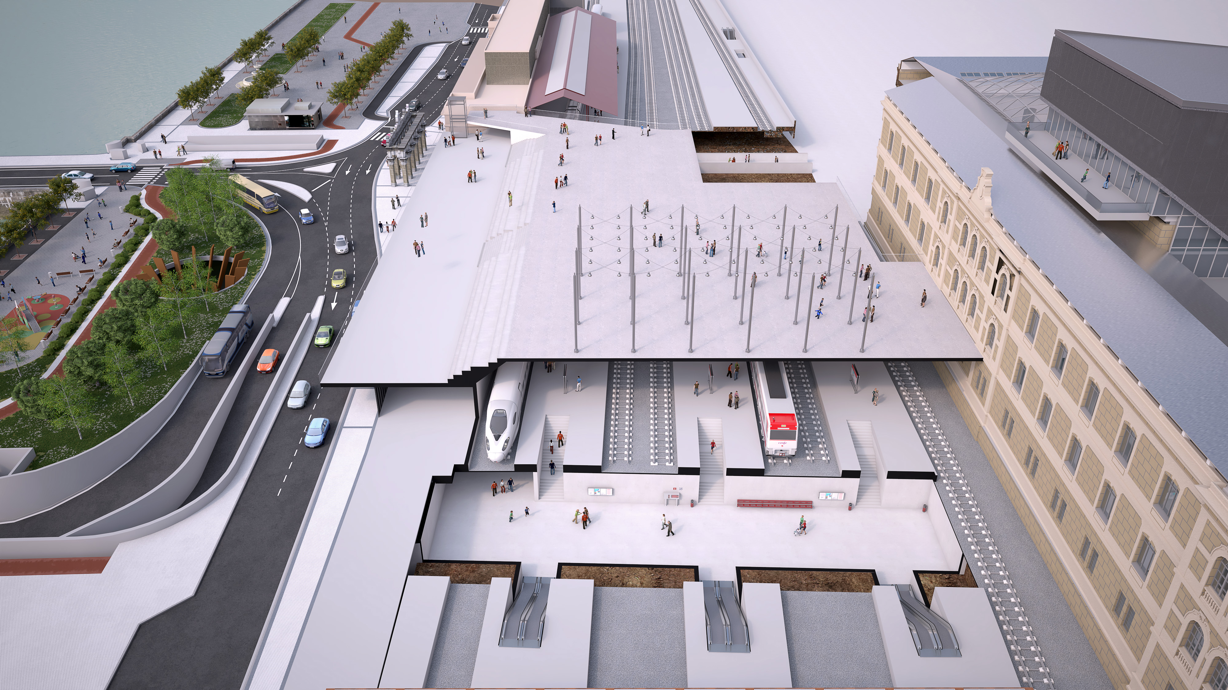 Sección transversal de la Estación Norte que permite visualizar la disposición de andenes, vías y áreas de circulación bajo la cubierta principal.