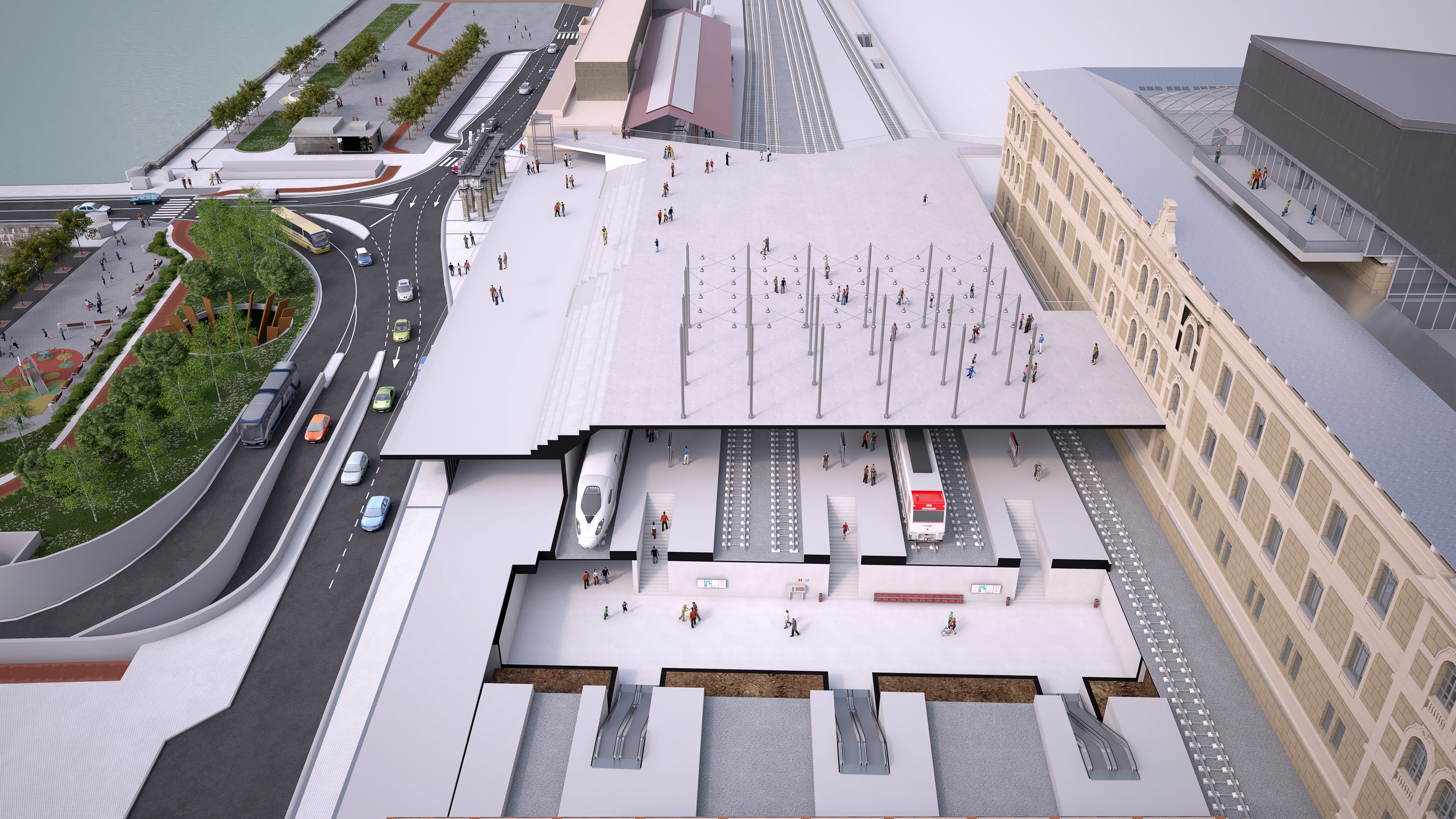 Detalle de la sección transversal de la Estación Norte, con representación de los distintos niveles funcionales y las conexiones entre espacios ferroviarios y urbanos.