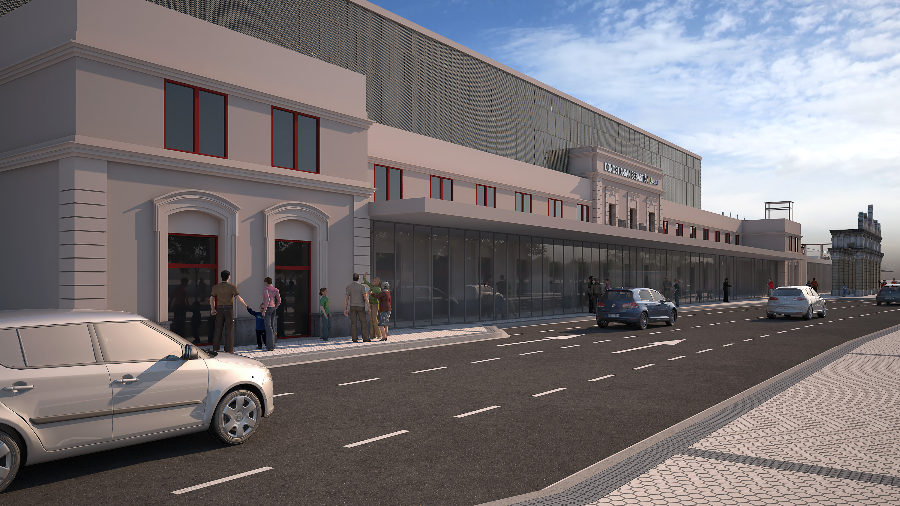 Recreación de la fachada principal de la futura Estación Norte y de su relación con el viario y los accesos peatonales.