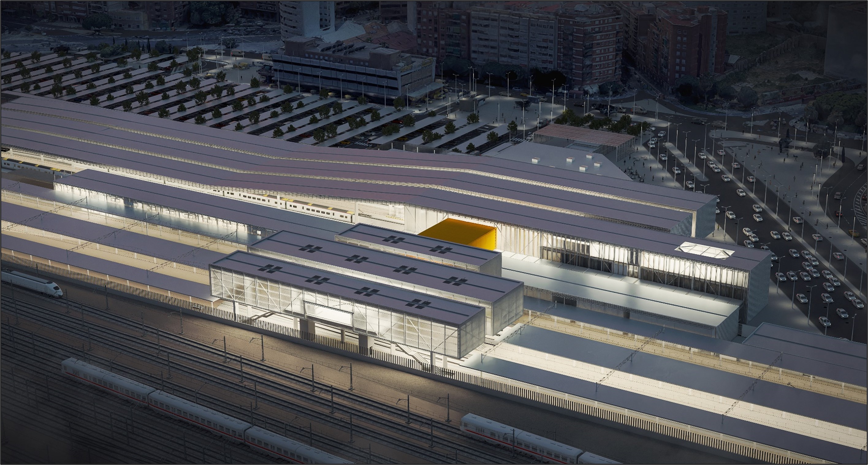 Vista aérea nocturna de la futura Estación Valencia Joaquín Sorolla, con la nueva cubierta y la reorganización de vías y andenes.