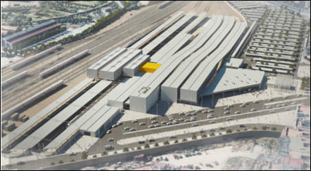 Vista aérea de conjunto de la actuación prevista en la Estación Valencia Joaquín Sorolla, con la nueva configuración ferroviaria y los espacios asociados.