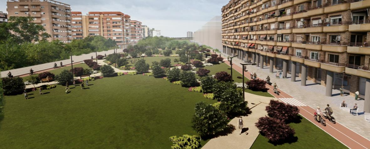 Recreación del nuevo espacio urbano previsto sobre la actuación ferroviaria, con zonas verdes, itinerarios peatonales y áreas de estancia para la ciudadanía.