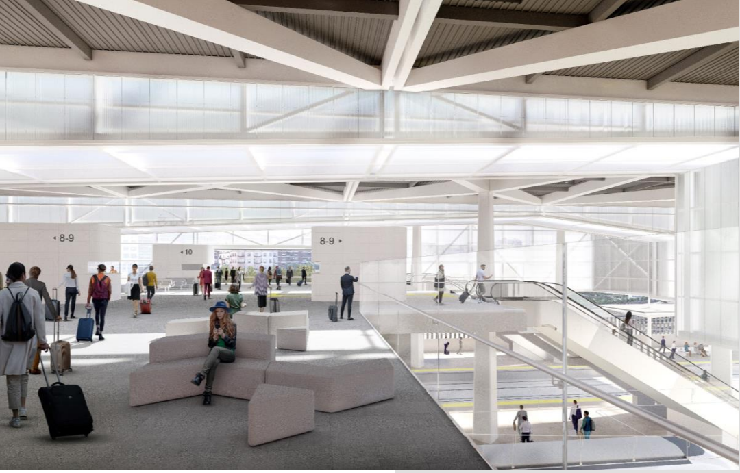 Recreación interior de las zonas de espera y circulación de viajeros en la futura estación, concebidas para favorecer la accesibilidad y la comodidad.