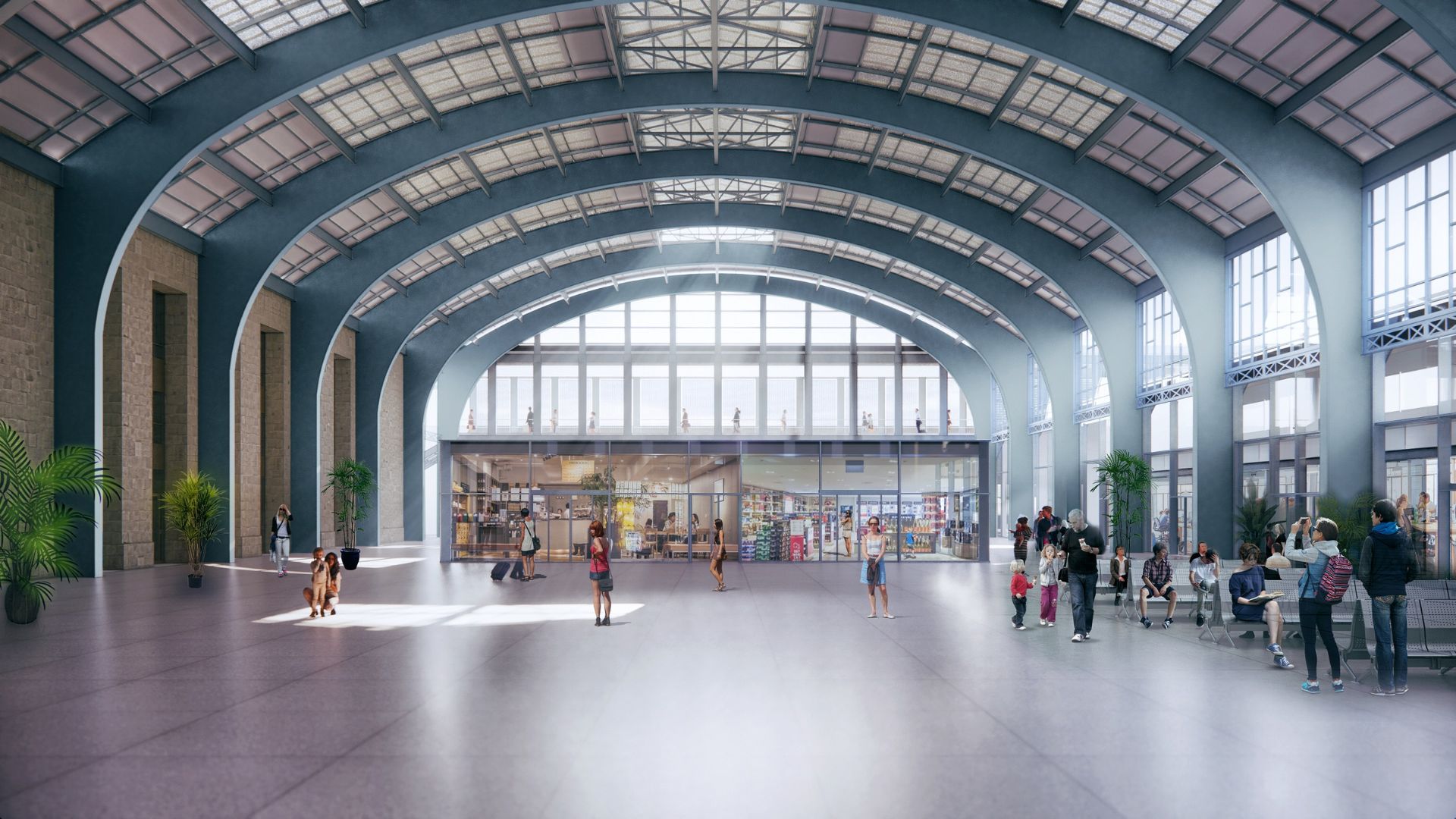 Vestíbulo principal de la estación, un espacio amplio y luminoso diseñado para facilitar la orientación y el tránsito de viajeros.