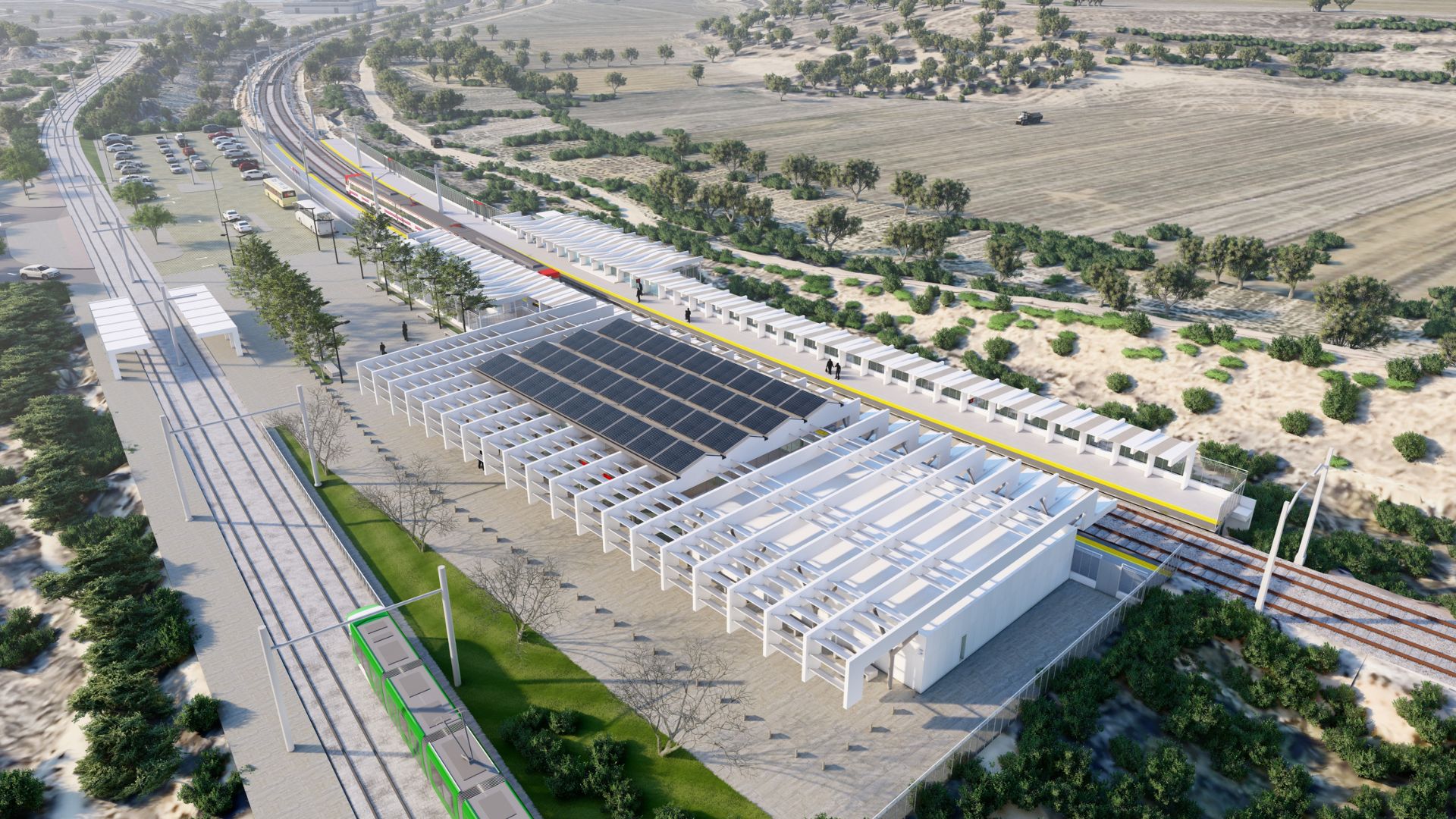 Vista axonométrica de la futura estación Parla Norte, que permite apreciar la configuración del edificio de viajeros, las cubiertas y los andenes.