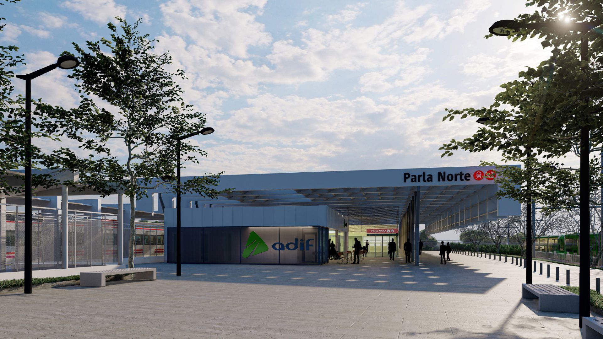 Recreación del acceso principal a la estación Parla Norte desde la nueva plaza pública prevista en su entorno.