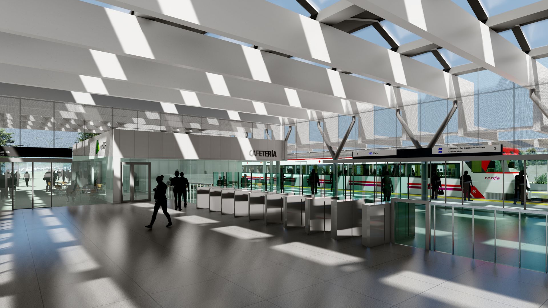 Vista interior del vestíbulo de la futura estación Parla Norte, concebido para favorecer la accesibilidad y la fluidez de los movimientos de viajeros.