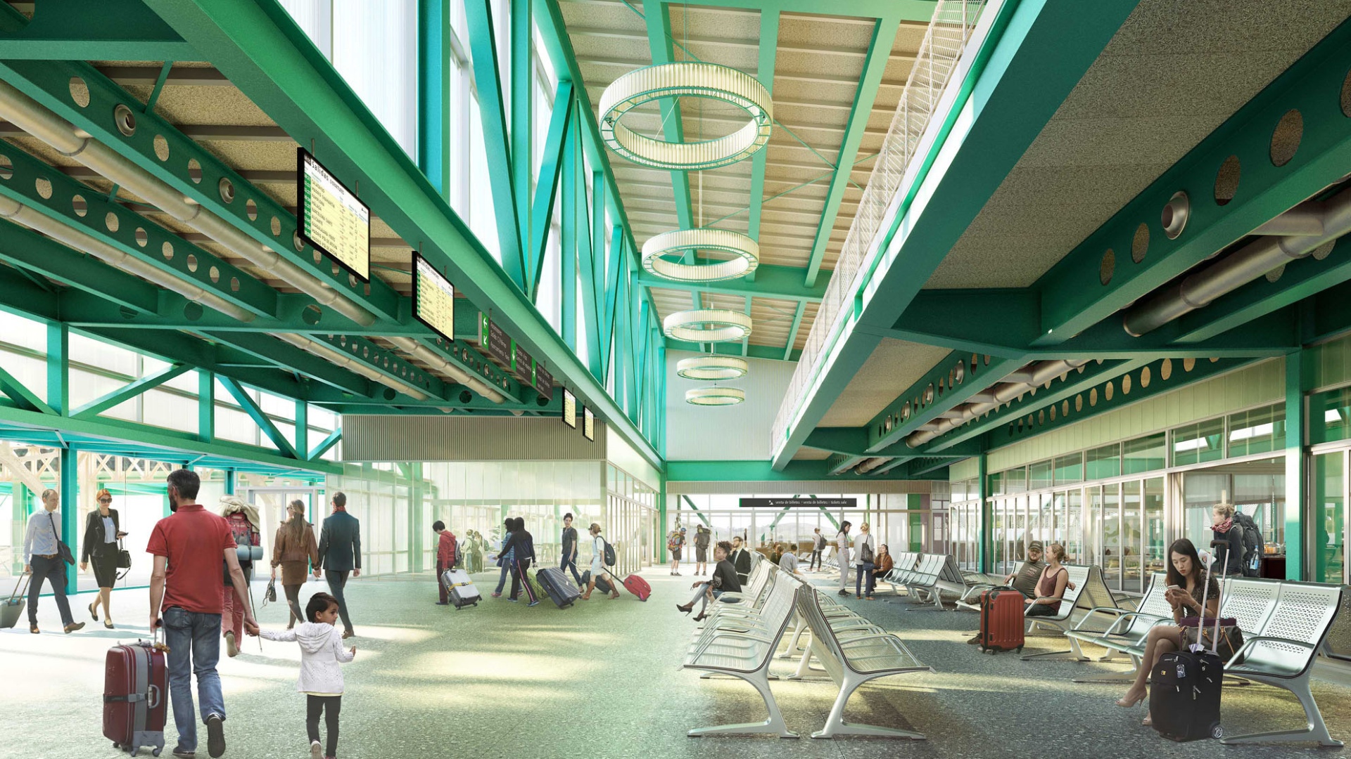 Espacio interior de la estación, concebido para ofrecer una experiencia de viaje cómoda, clara y accesible.
