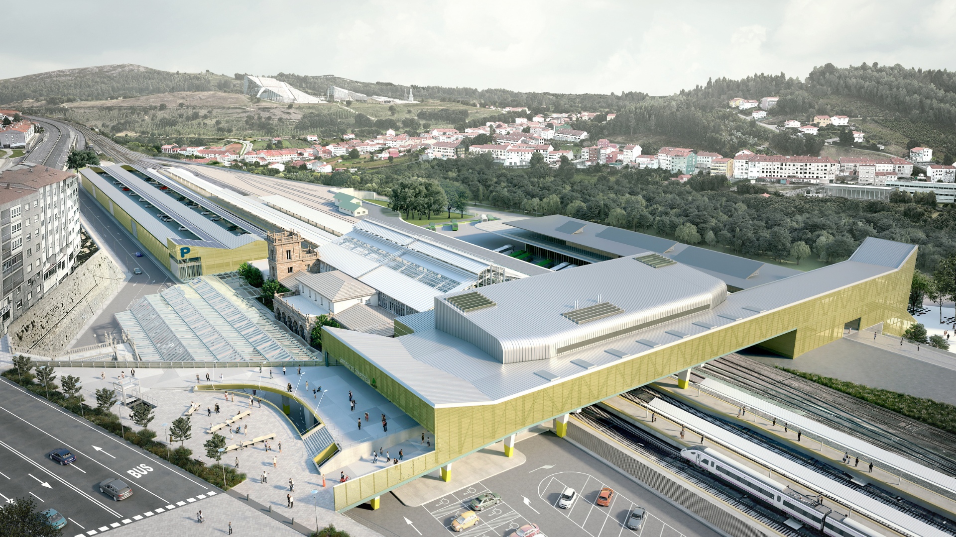 Vista general del conjunto de la estación y su entorno, mostrando la integración de la infraestructura ferroviaria en la ciudad