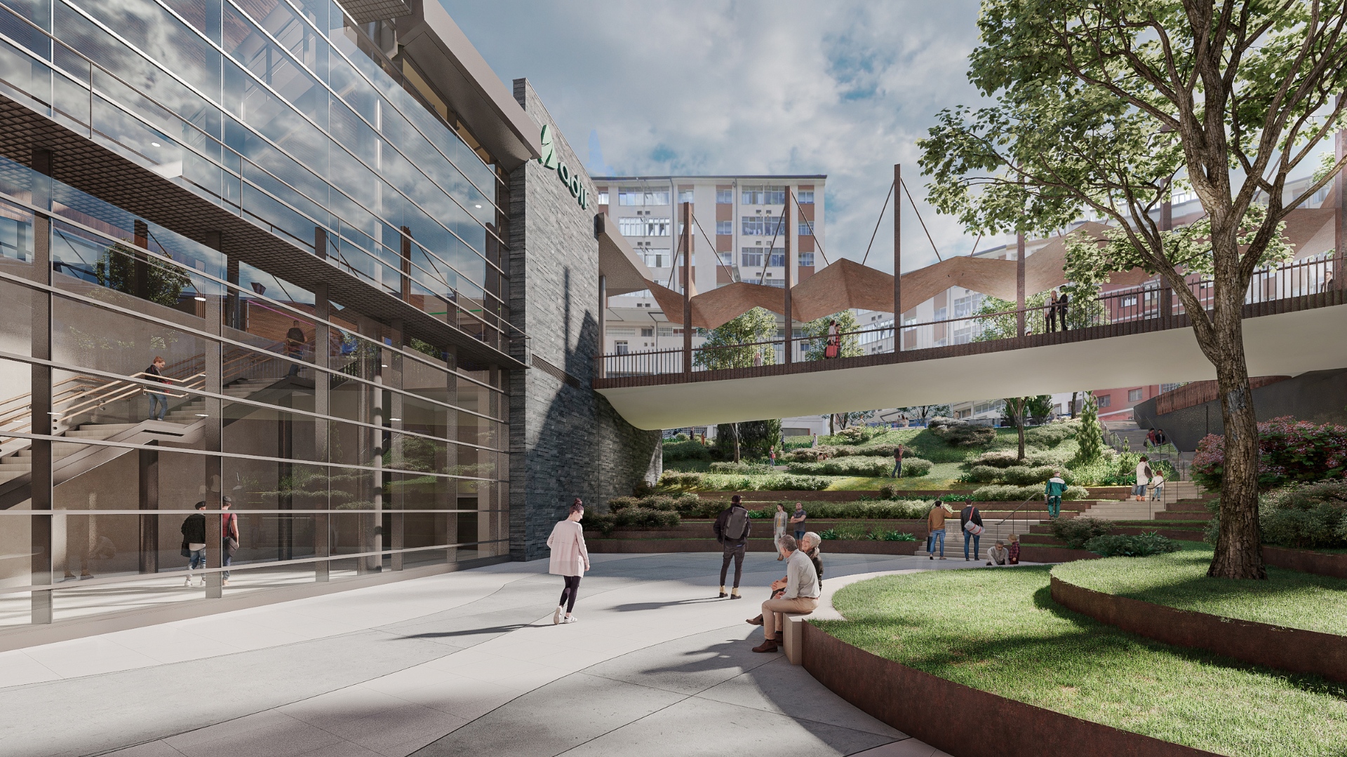 Vista del jardín sobre el túnel, un nuevo espacio verde que integra la infraestructura ferroviaria en la ciudad.