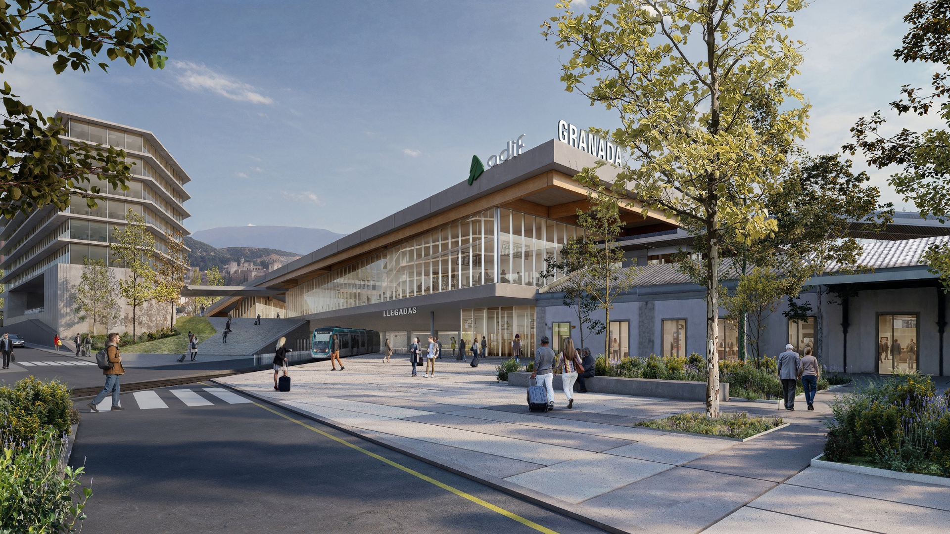 Vista exterior de la futura estación de Granada, cuya nueva cubierta y fachada configuran una imagen abierta e integrada en el entorno urbano.