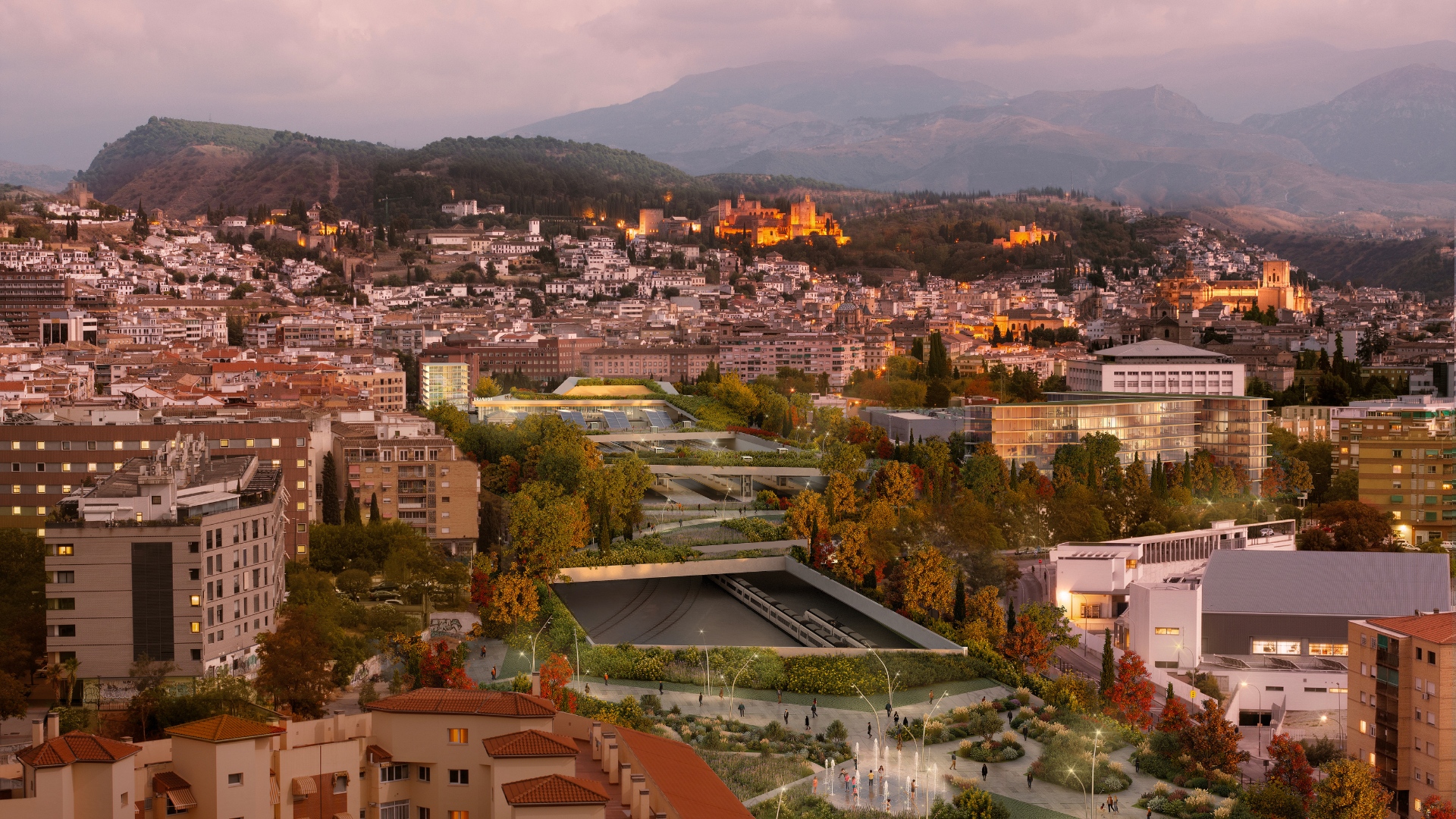 Vista general de la actuación, con la futura estación y su entorno como nueva puerta de entrada ferroviaria a Granada, con la Alhambra como telón de fondo.