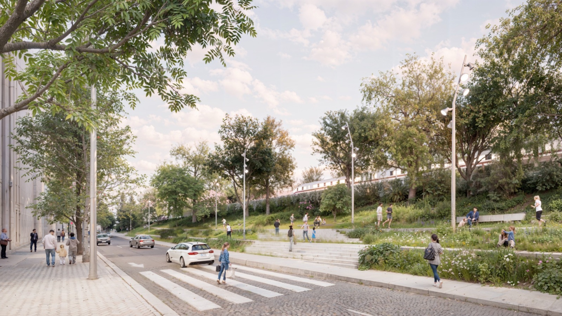 El proyecto incorpora amplias zonas verdes y recorridos peatonales que transformarán el acceso ferroviario en un corredor urbano más amable y accesible.