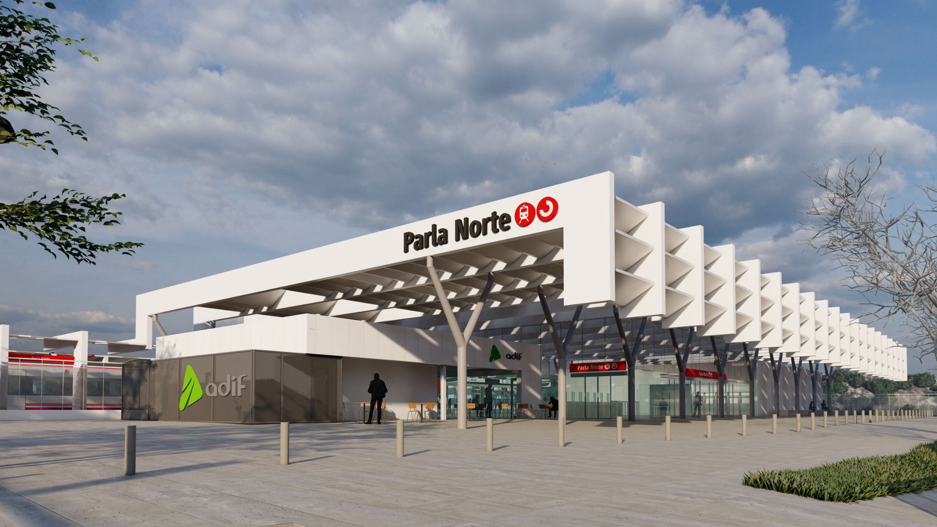 Recreación de la fachada principal de la futura estación Parla Norte y de su acceso peatonal.